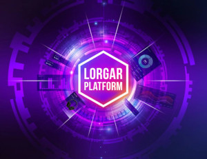 LORGAR Platform logo surrounded by gaming devices in a futuristic purple digital interface