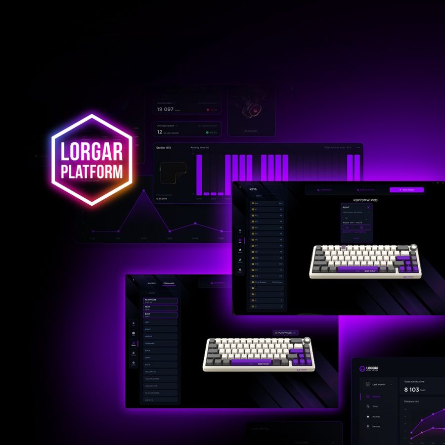Znak LORGAR PLATFORM, panele aplikacji i klawiatury LORGAR w fioletowej poświacie