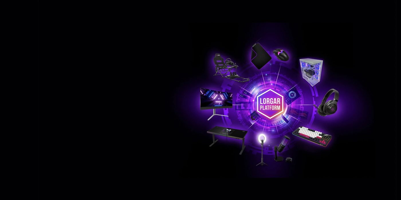 The LORGAR ecosystem: devices and the app connected by a purple glow