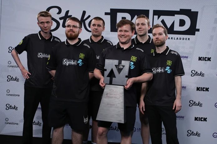 The G2 Esports team with the trophy after winning Stake Ranked Episode 1