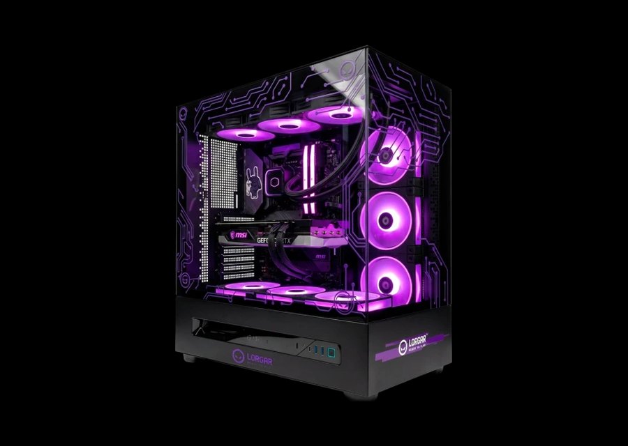 LORGAR PRO PCP401 gaming computer with purple lighting and liquid cooling