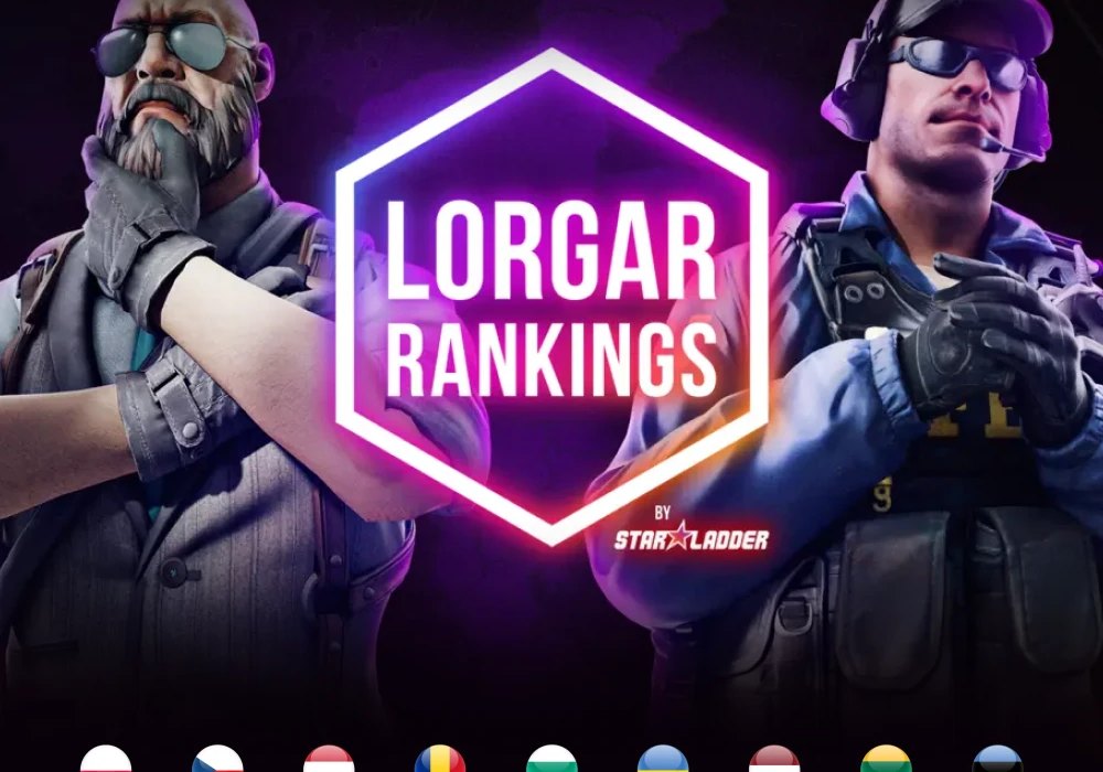 Key visual for the LORGAR RANKINGS by StarLadder tournament with a neon hexagon and the flags of Central and Eastern European countries