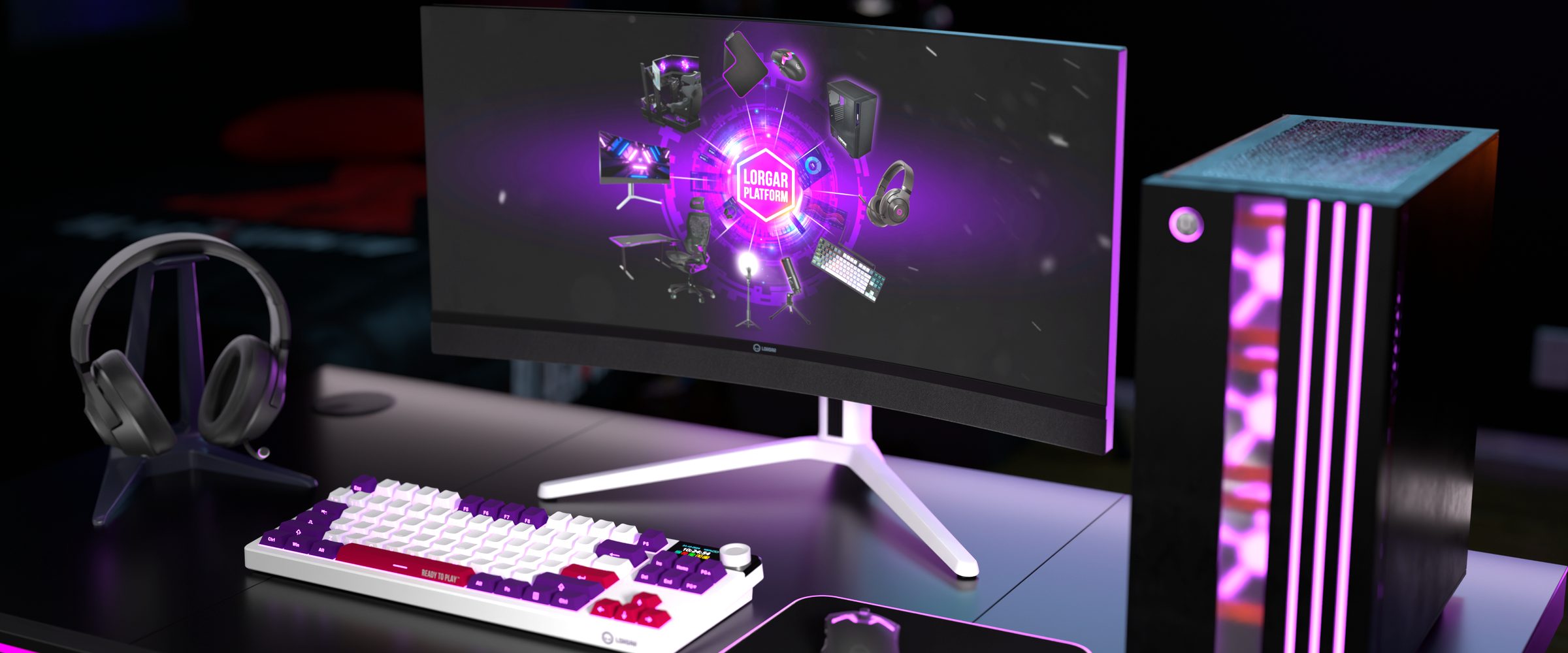 Stanowisko gamingowe LORGAR &mdash; monitor z ekosystemem PLATFORM, klawiatura, słuchawki i komputer