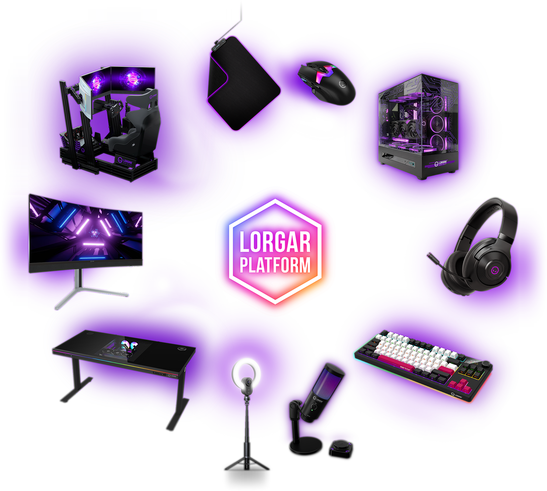 Ekosystem LORGAR PLATFORM — monitor, klawiatura, mysz, słuchawki, mikrofon, biurko i fotel wokół świecącego znaku PLATFORM