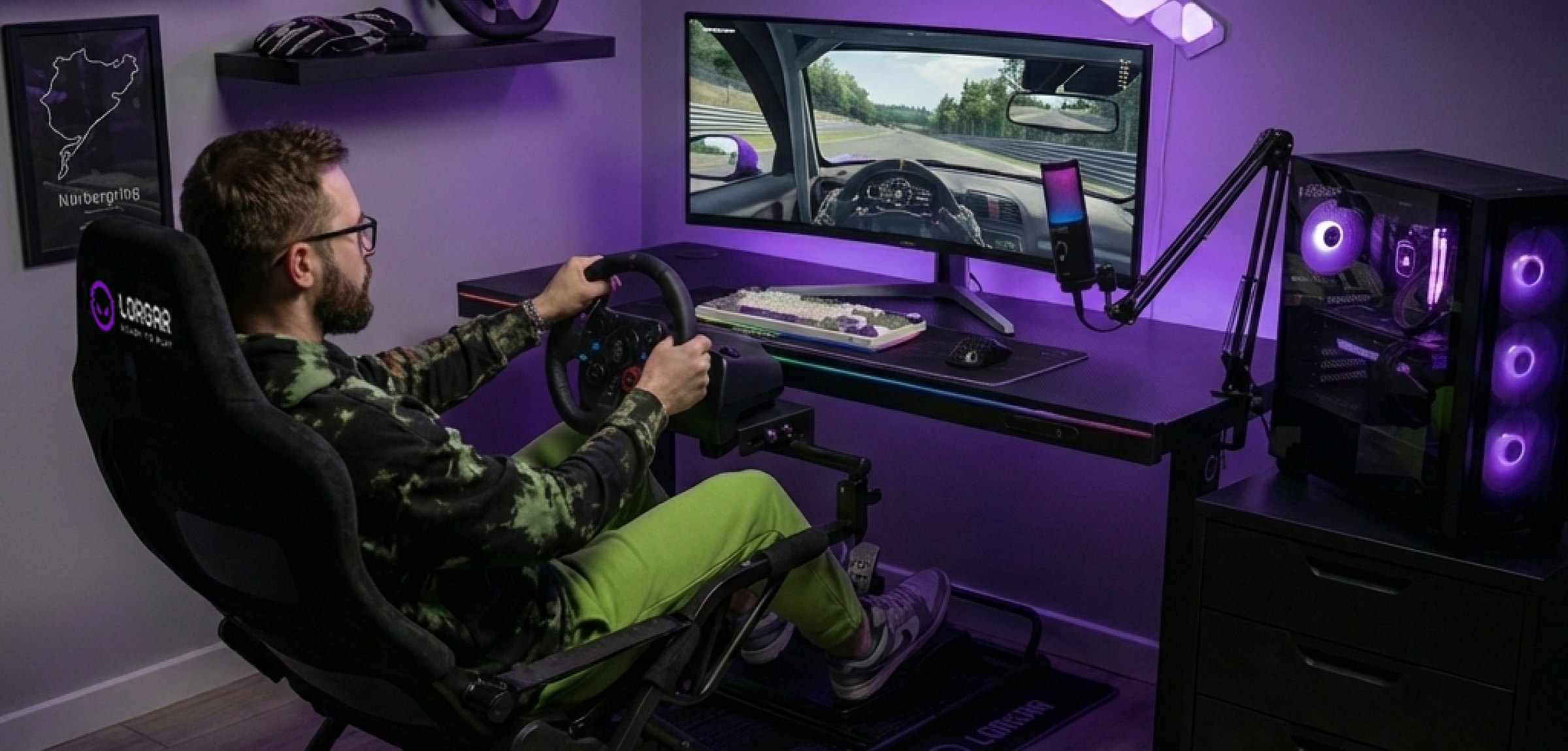 Kierowca w kokpicie LORGAR Sim Racing przed monitorem z grą wyścigową, w tle komputer i mikrofon w fioletowym świetle